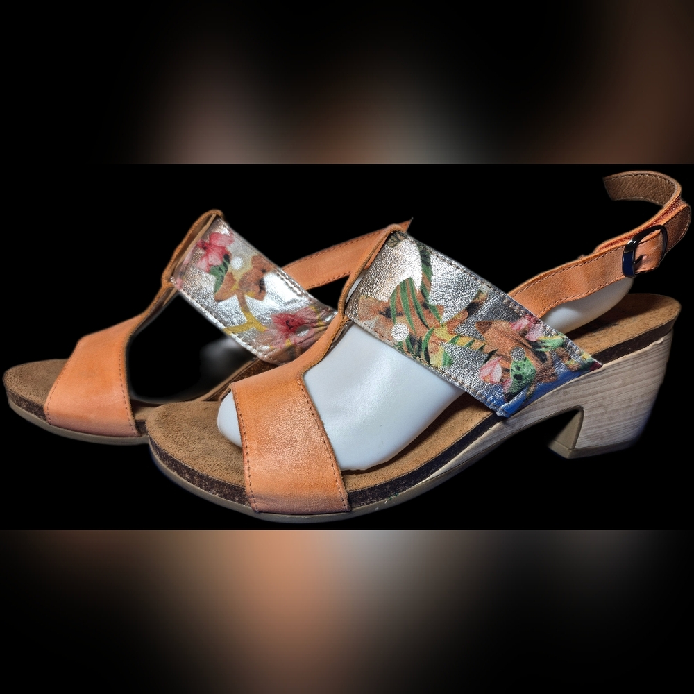 Wanda Panda Brand Leather Women's Sandals - Orange and Tan, Size 9.5